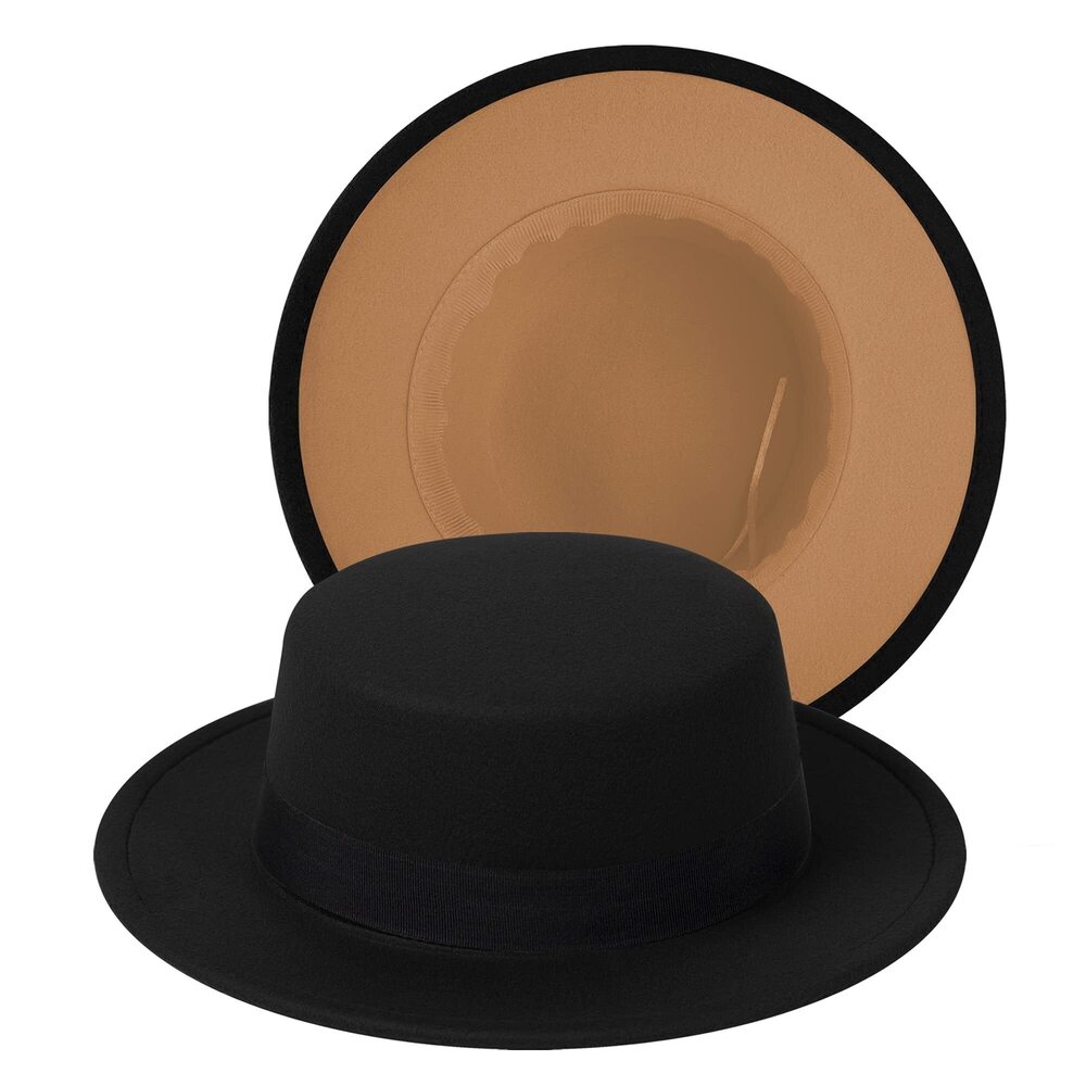 9647 Classic Fedora Two Tone Flat Top Hat with Band Wide Brim Pork Pie